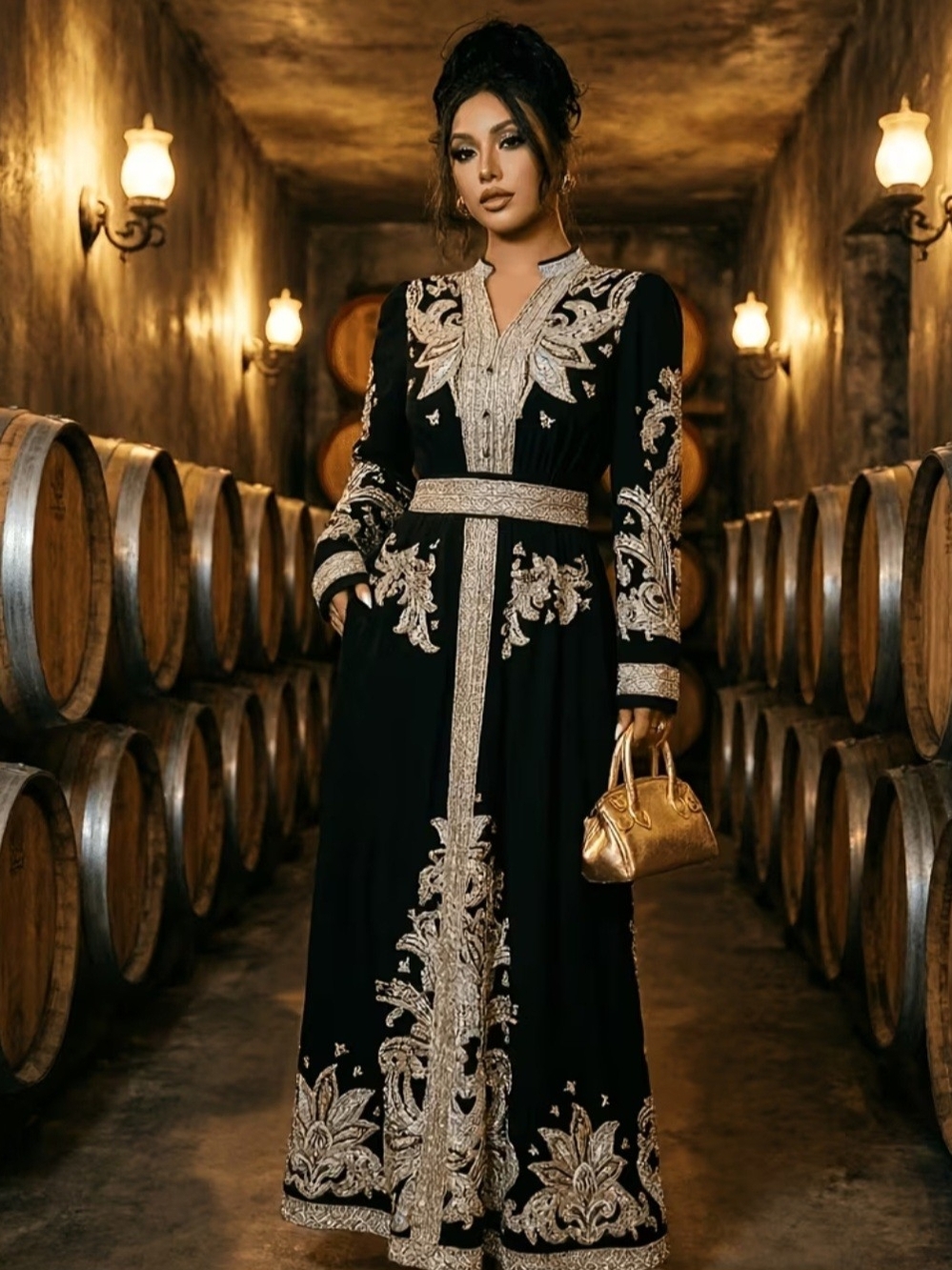 Embroidered Black Maxi Dress with Gold Accents
